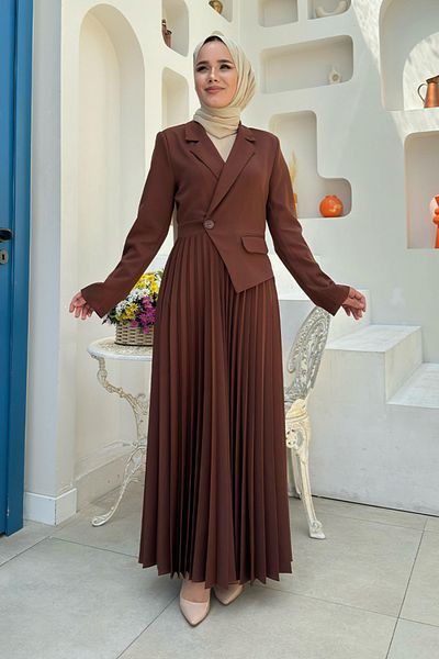 Bym Fashion Καφέ Φόρεμα με Πλισέ Φούστα 3700 - Σακάκι Look