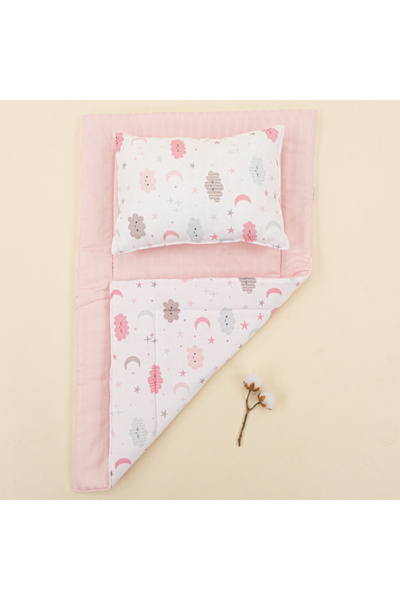Yunikobaby Muslin Reversible Changing Mat and Pillow - Pink Satin - Pink Cloud