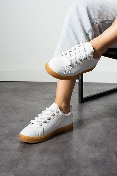 KOTAN Pantofi sport albi cu aspect confortabil din piele pentru femei - pantofi cu șireturi groase