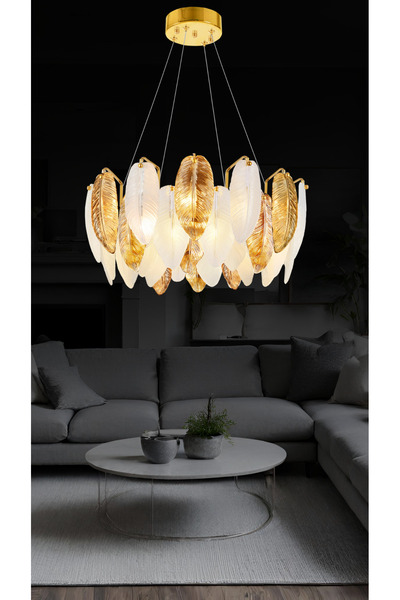 RONİSU AYDINLATMA Hawai 50'lik Taşlı Avize Yaprak Taşlı Zarif Modern Salon Avize