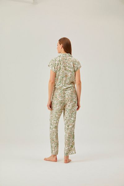 Pamuk & Pamuk Green Shawl Patterned - Buttoned and Tied Woven Trousers Pajama Set