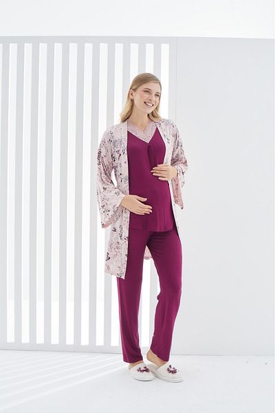 ERDENİZ TEKSTİL 3-Piece Dressing Gown Cotton Pajamas Set for Pregnant and Maternity