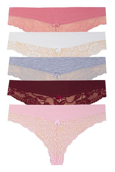 Miss Blue Moon Waist Fabric Belted Lace Brazilian Panties 5 Pcs 3130