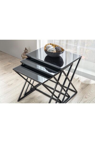 Onurdesign Venedik Metal Siyah Ayak Siyah Cam 3 Lü Içiçe Geçen Zigon Sehpa