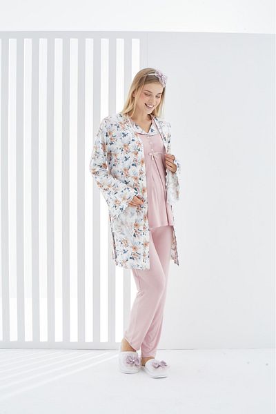 ERDENİZ TEKSTİL 3-Piece Maternity Pajamas Set - Pregnancy Dressing Gown, Buttoned Shirt Collar