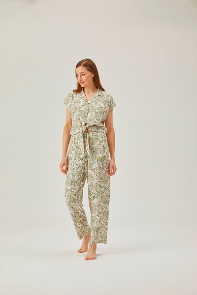 Pamuk & Pamuk Green Shawl Patterned - Buttoned and Tied Woven Trousers Pajama Set