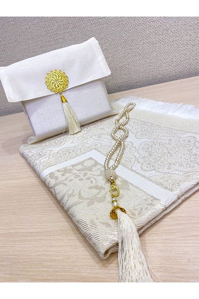 AYHANHOME 3-Piece Gift Dowry Prayer Beads Prayer Rug Set - With Slub Bag