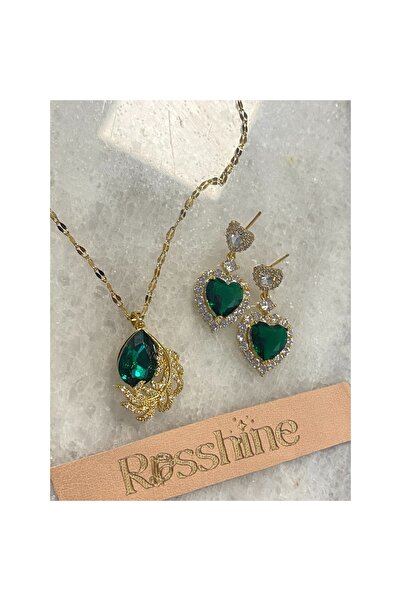 rosshine Kadın Kolye Ve Küpe Gold Zümrüt Taşlı Kolye