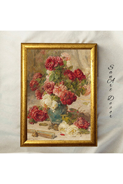 Sanart Pictură vintage cu rame, pictură în ulei, pictură înrămată, decor artistic, pictură cu flori