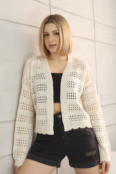 ALCHON V-Neck Long Sleeve Openwork Hollowed Out Skirt Wavy Buttonless Summer Short Knitwear Cardigan