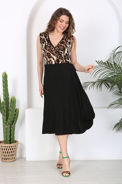 Madwilo Μαύρο Leopard Print - Γυναικείο μάξι φόρεμα με διπλό στήθος με λεπτομέρεια Piping