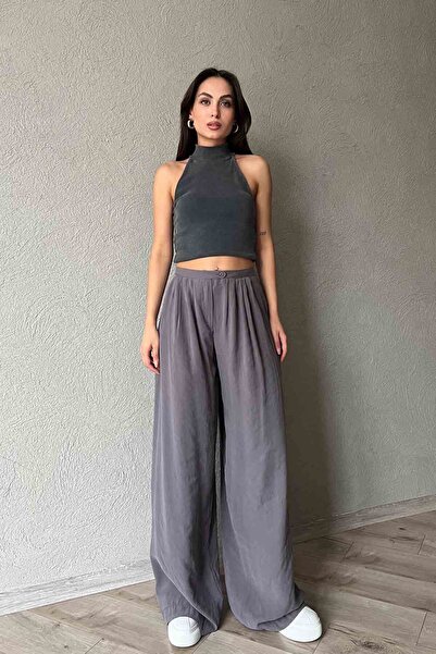 Seda Yalçın Atelier Βιολογικό παντελόνι Palazzo - Λεπτομέρεια με πτυχή ανθρακί