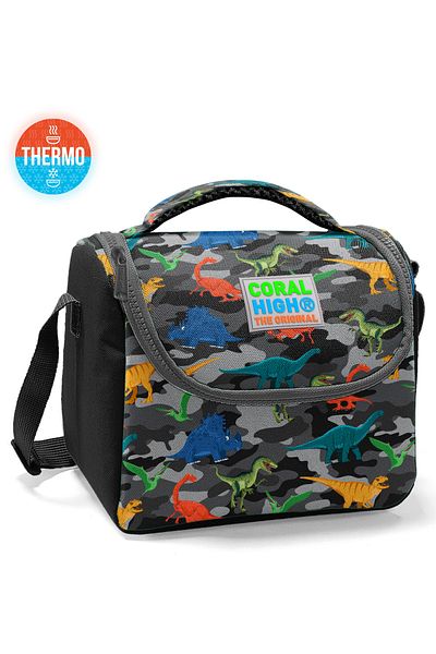 Coral High Kids Dark Gray Black Camouflage Dinosaur Patterned Thermo Lunch Box 11812