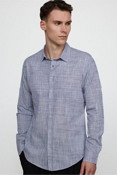 Tudors Μπλε Navy Slim Fit Epaulet πουκάμισο - Μακρύ μανίκι, 100% βαμβακερό λινό, λεπτομέρεια επωμίδα