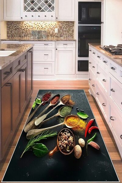 on the clouds Siyah Zemin Baharat Desenli Yıkanabilir Kaymaz Taban Leke Tutma...