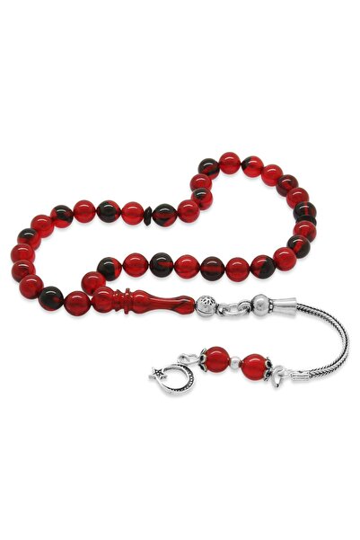 Tesbihane 925 проба срібний намисто з бахромою, кулястий виріз, довжина зап'ястя, червоно-чорний вогняний бурштин