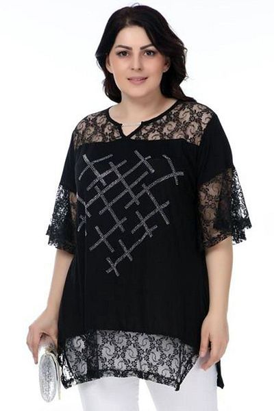 Kheos Lace Detailed V-Neck Front Stone Printed Short Sleeve Slit Blouse