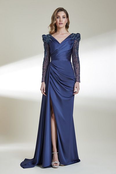 Kenzel V Neck Sheer Sleeves Slit Long Dress