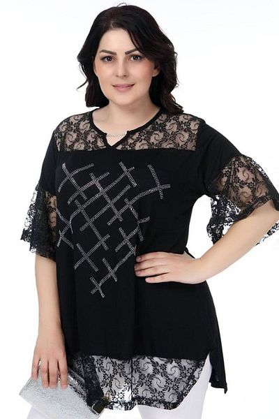 Kheos Lace Detailed V-Neck Front Stone Printed Short Sleeve Slit Blouse