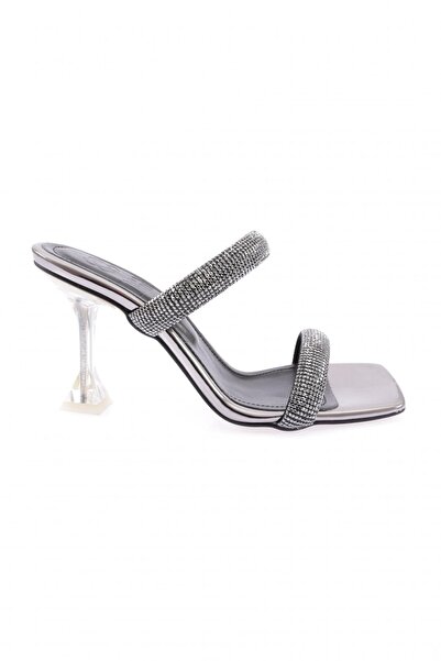 DGN Women's Silver Stone Banded Heeled Slippers Platinum Mirror 62713382