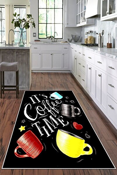 MABEBA TEKSTİL Siyah Zemin Coffee Time Fincan Desenli Yıkanabilir Kaydırmaz L...