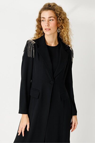 Esswaap İçi Tulumlu Uzun Ceketli Omzu Taş Detaylı Takım  Siyah