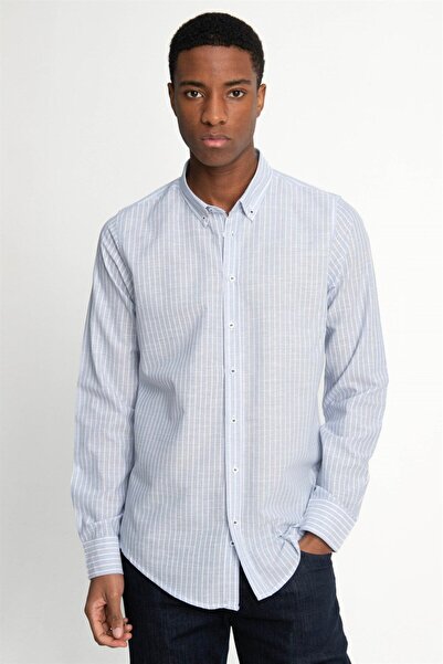 Tudors Ανδρικό ριγέ μπλε πουκάμισο - Slim Fit, Slim Fit, Μακρύ μανίκι, 100% β...