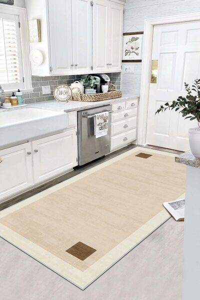 West Home Makinede Yıkanabilir Kaymaz Taban Leke Tutmaz Bej Salon Halısı Mutf...