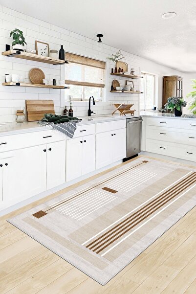 West Home Makinede Yıkanabilir Kaymaz Taban Leke Tutmaz Bej Çizgili Salon Hal...
