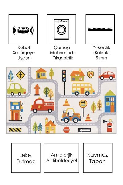 West Home Makinede Yıkanabilir Kaymaz Taban Leke Tutmaz Yol Desenli Halı Bebek Ve Çocuk Halısı Oyun Matı