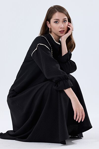 MD trend Linen Set - High Collar, Scallop Detailed Blouse and Flared Skirt