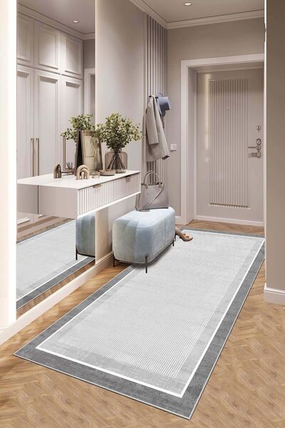 West Home Makinede Yıkanabilir Kaymaz Taban Leke Tutmaz Gri Çizgili Salon Halısı Mutfak Halısı ve Yolluk