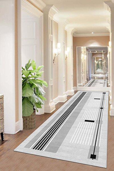 West Home Makinede Yıkanabilir Kaymaz Taban Leke Tutmaz Gri Çizgili Salon Hal...