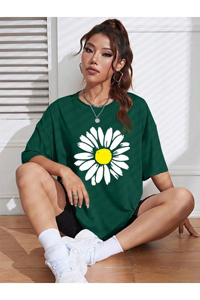 Wish BF Daisy Printed Colorful Oversize Women's T-Shirt - Crew Neck, Cotton Combed