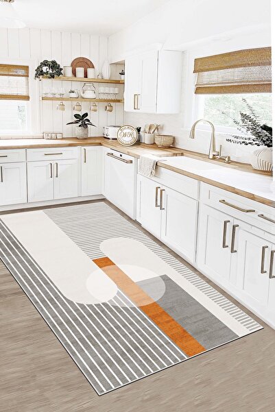West Home Makinede Yıkanabilir Kaymaz Taban Leke Tutmaz Gri Çizgili Salon Hal...