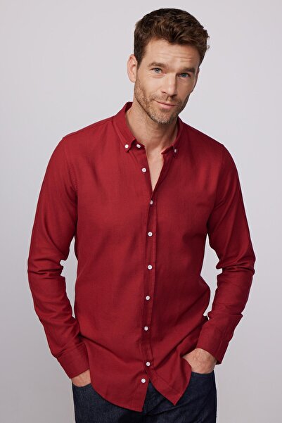 Tudors Claret Red Men's Shirt - Slim Fit, Slim Fit, Long Sleeve, 100% Cotton Linen, Button Collar