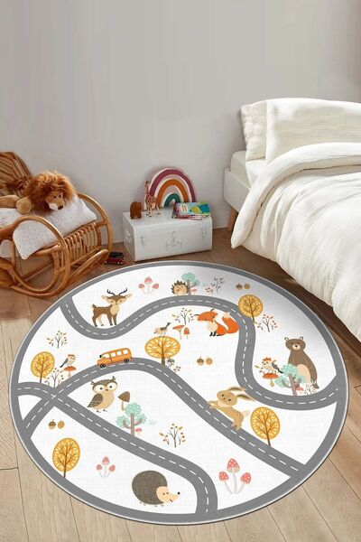 West Home Makinede Yıkanabilir Kaymaz Taban Leke Tutmaz Yuvarlak Çocuk Halısı...