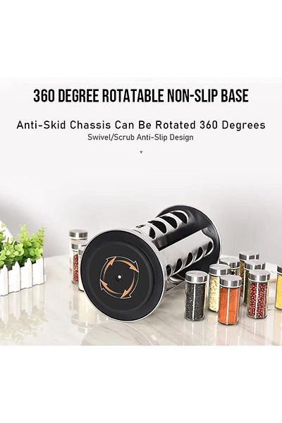 vipgross GLASS SPICE SET WITH 360° ROTATING COUNTER TOP STAINLESS STAND - 12-PIECE SPICE BAKER - BLACK ROUND OF 12