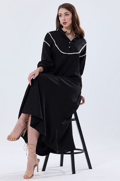 MD trend Linen Set - High Collar, Scallop Detailed Blouse and Flared Skirt