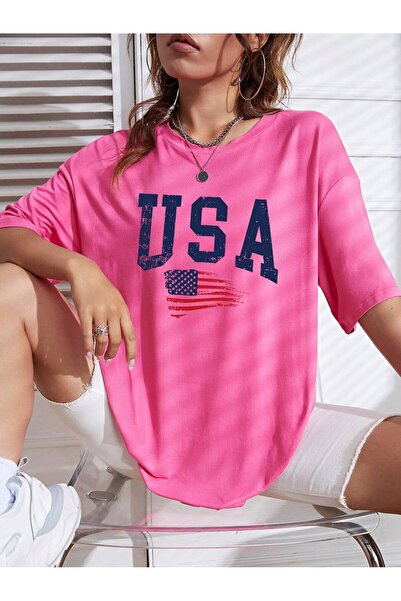 Wish BF Kadın USA Özel Baskılı Renkli Oversize Penye Pamuklu Bisiklet Yaka T-...