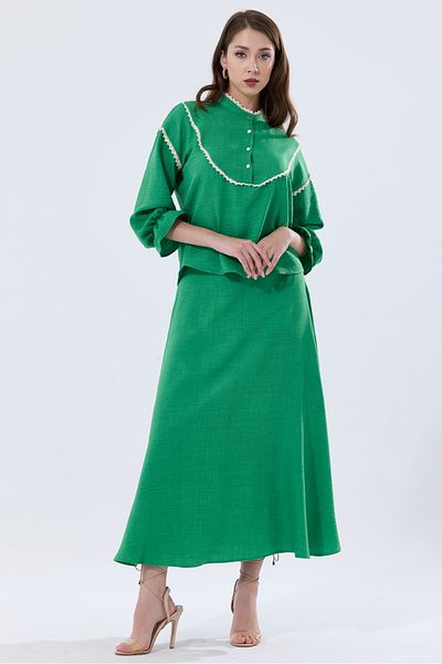 MD trend Linen Set - High Collar, Scallop Detailed Blouse and Flared Skirt
