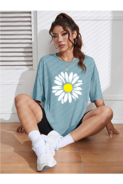 Wish BF Kadın Papatya Özel Baskılı Renkli Oversize Penye Pamuklu Bisiklet Yaka T-Shirt