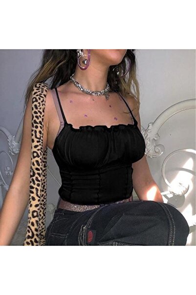 Köstebek Чорний кроп-топ на бретельках - з рюшами спереду