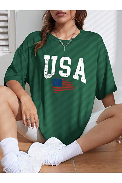 Wish BF Kadın USA Özel Baskılı Renkli Oversize Penye Pamuklu Bisiklet Yaka T-...
