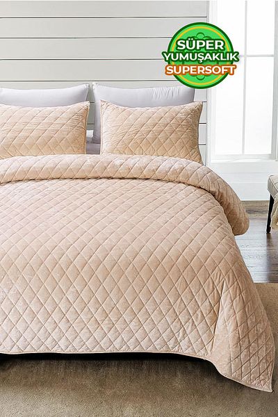 Evlen Home Collection Double Velvet Bedspread Set - Supersoft Quilted, 3 Pieces, Soft Fiber Padded, Beige