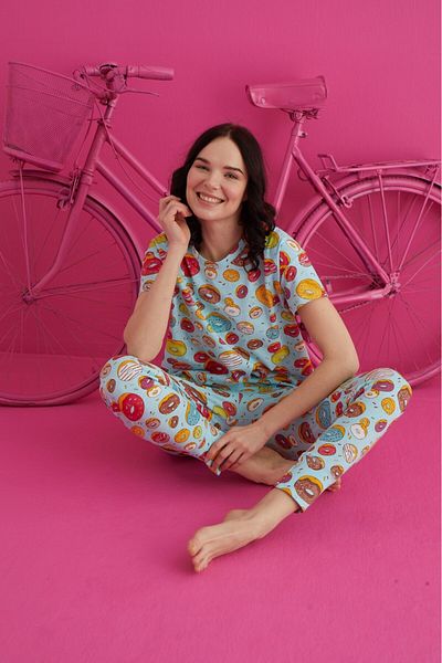TAMPAP Patterned Crew Neck Women's Pajamas Set - Waynap 4130