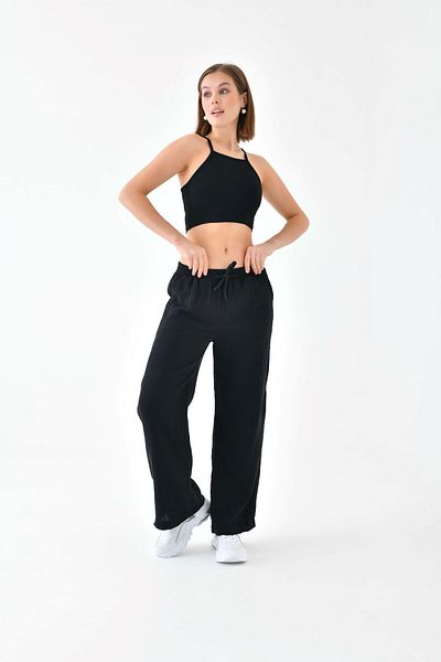 enmodaiçgiyim Pantaloni de damă din țesătură muselină neagră 100% bumbac – pantaloni largi, cu buzunare, cu croiala confortabilă
