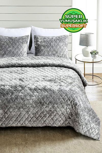 Evlen Home Collection Double Velvet Bed Cover Set - Supersoft Quilted, 3 Pieces, Soft Fiber Filled Gray