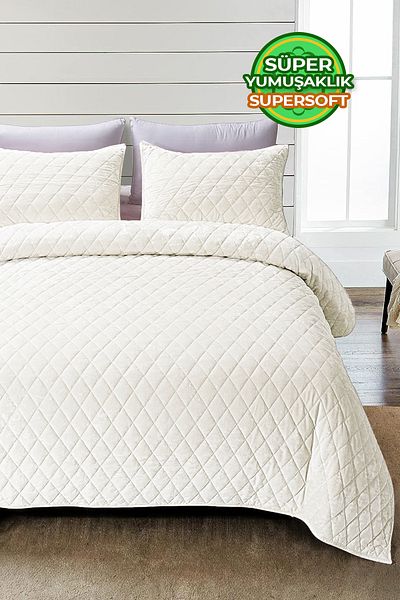 Evlen Home Collection Velvet Bedspread Set - Double, Supersoft Quilted, 3 Pieces, Soft Fiber Filled, Off White