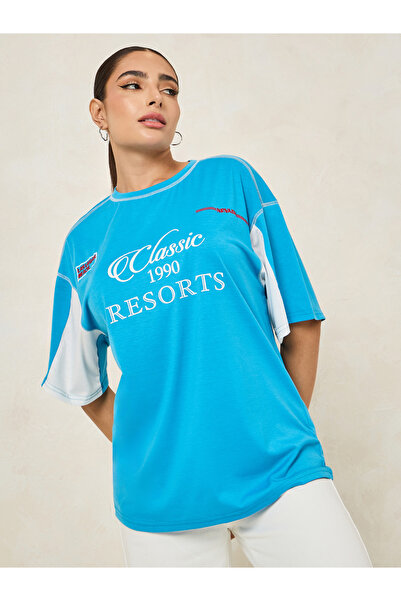 Styli Oversized Classic Resorts Slogan T-Shirt with Embroidery Detail